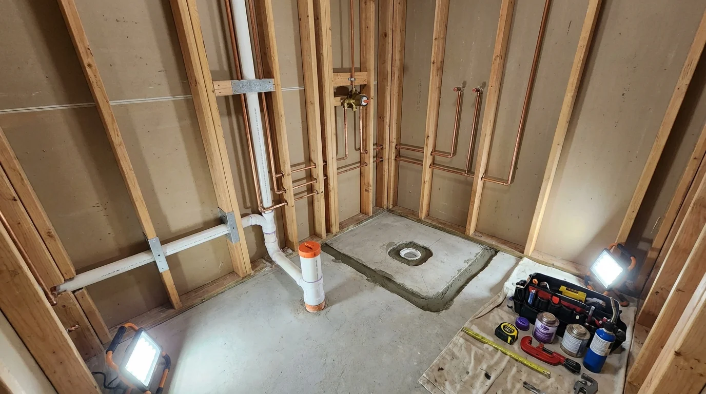 Bathroom rough-in plumbing during remodel by Johns Plumbing LLC in Montgomeryville