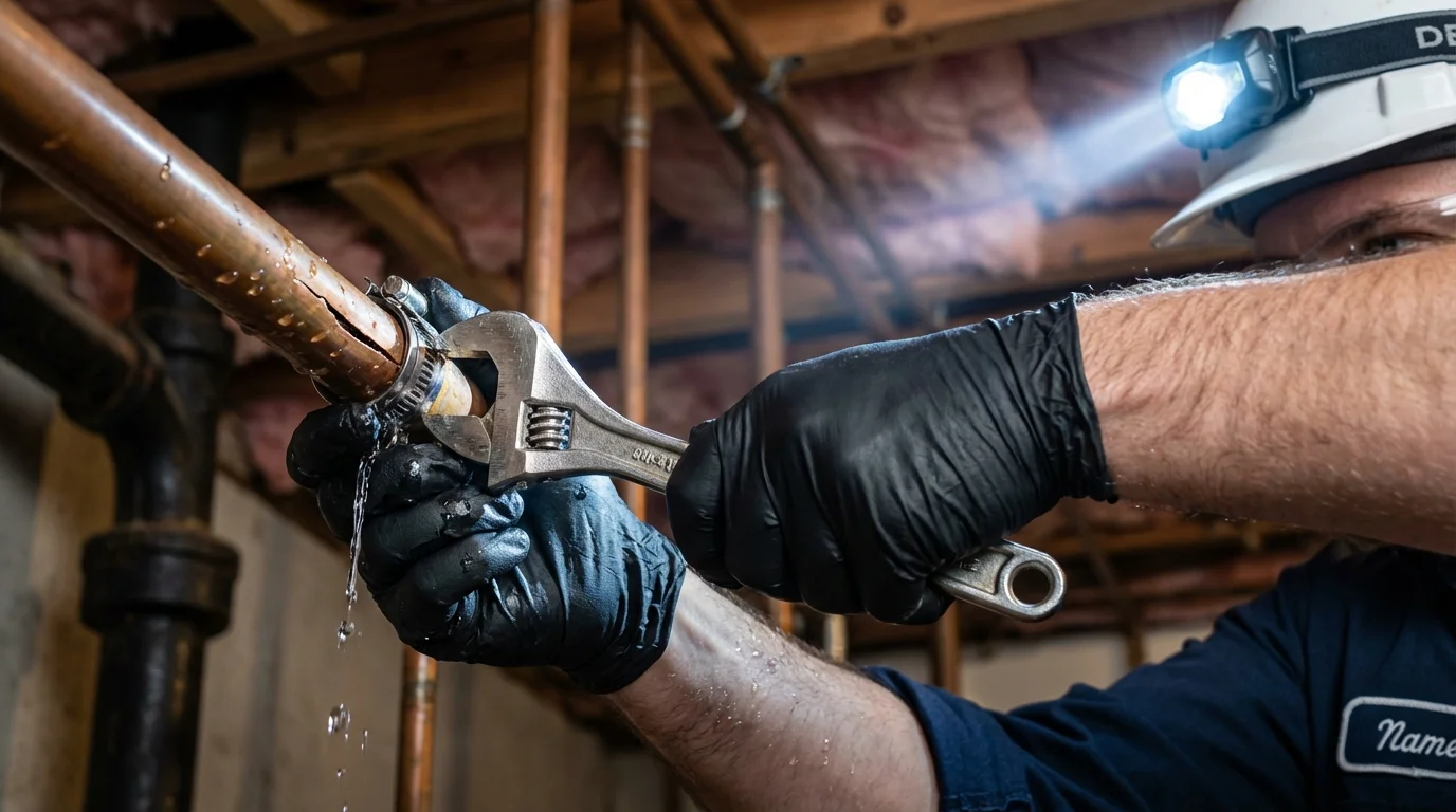 Emergency pipe clamp repair being performed by a Johns Plumbing LLC plumber in Montgomeryville