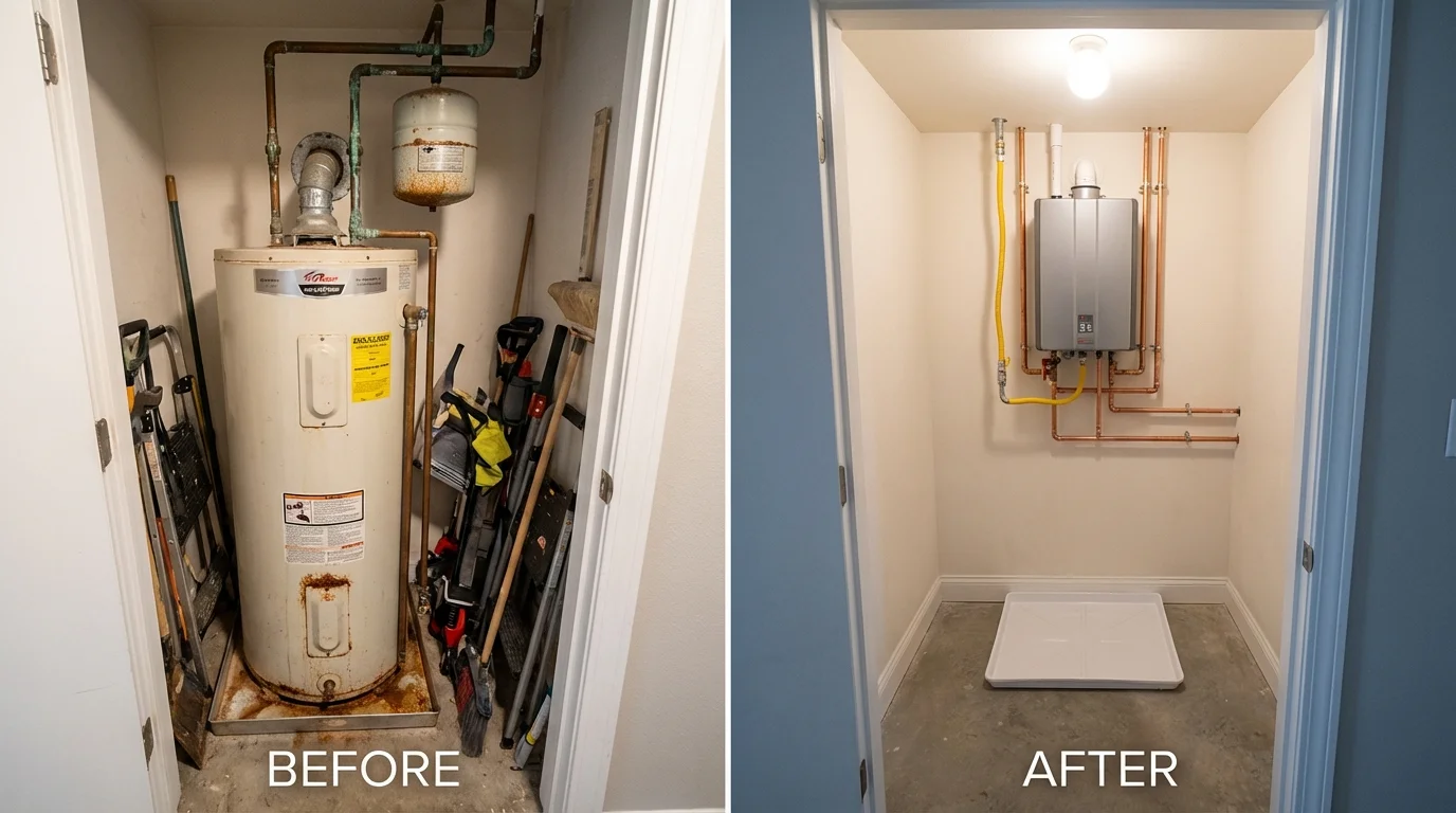 Tank water heater versus wall-mounted tankless unit comparison for Montgomeryville, PA homeowners