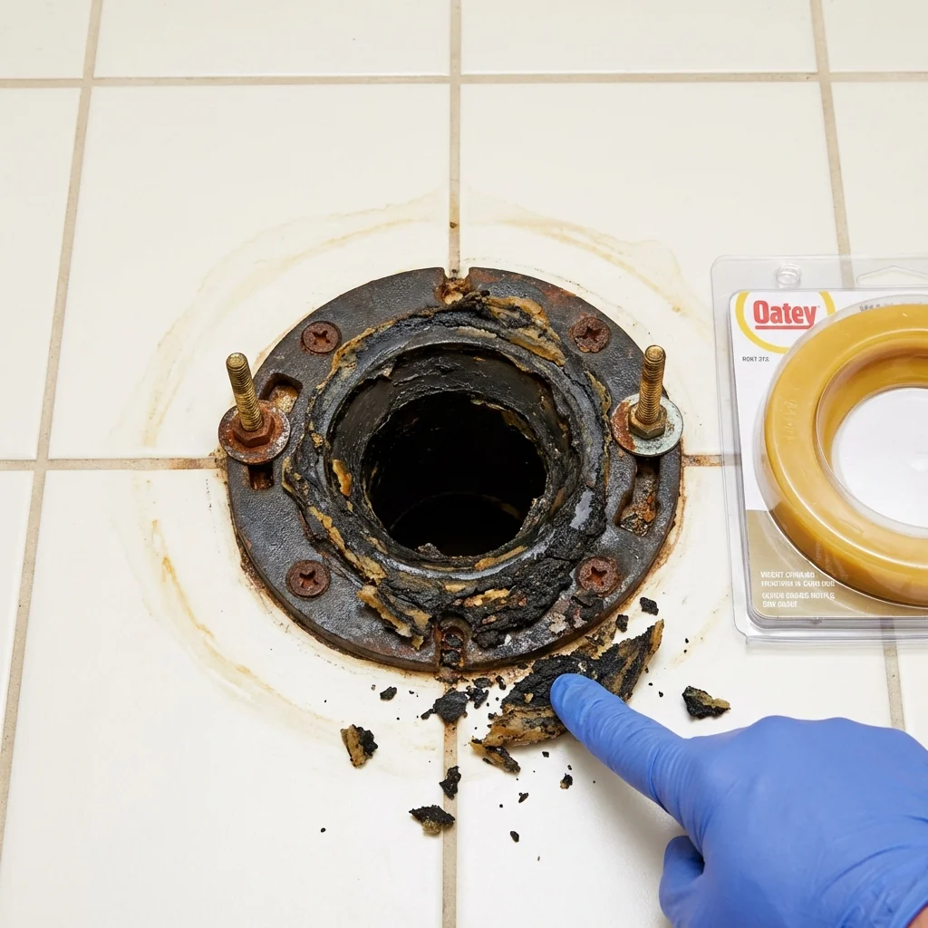 Failed wax ring showing water seepage at the base of a toilet in a Montgomeryville, PA home