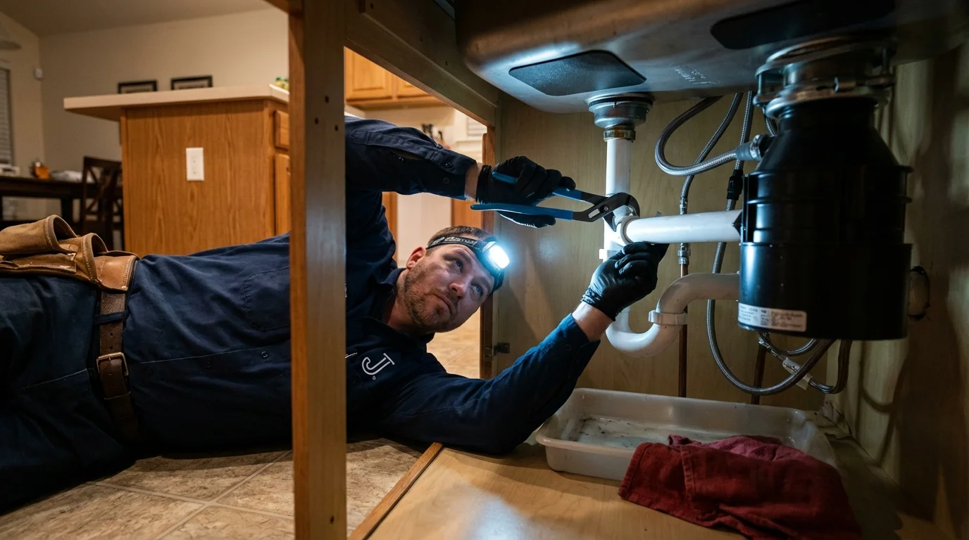 P-trap and supply line connections under a kitchen sink showing a common leak point in Montgomeryville, PA